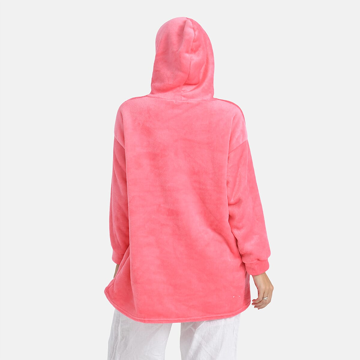 Tamsy Set of 2 Pink Solid and Black Plaid Pattern, Fleece Hoodie Sweater Blanket with Kangaroo Pocket image number 8