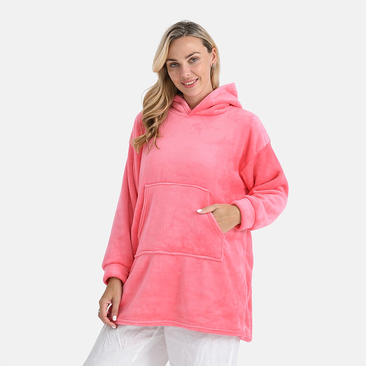 Tamsy Set of 2 Pink Solid and Black Plaid Pattern, Fleece Hoodie Sweater Blanket with Kangaroo Pocket image number 9