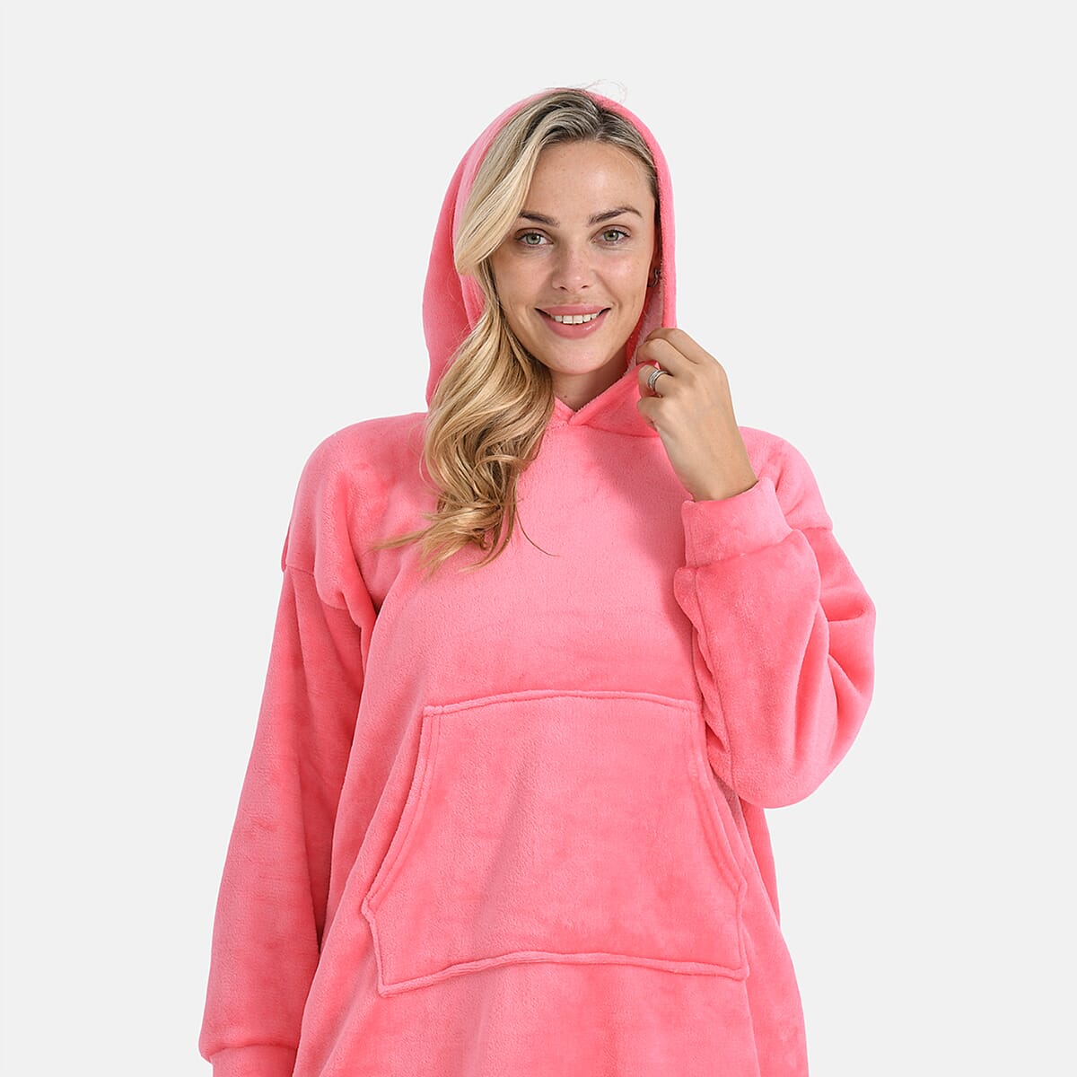 Tamsy Set of 2 Pink Solid and Black Plaid Pattern, Fleece Hoodie Sweater Blanket with Kangaroo Pocket image number 10