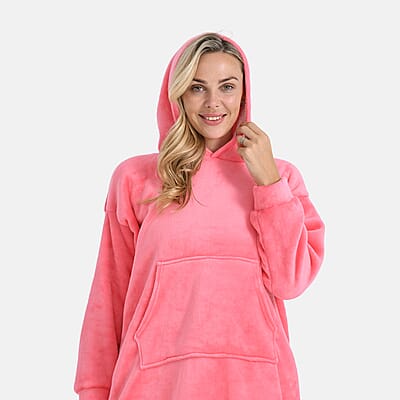 Tamsy Set of 2 Pink Solid and Black Plaid Pattern, Fleece Hoodie Sweater Blanket with Kangaroo Pocket