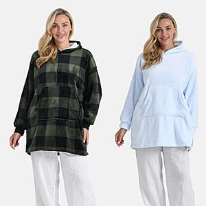 Tamsy Set of 2 Light Blue Solid and Green Plaid Pattern, Fleece Hoodie Sweater Blanket with Kangaroo Pocket