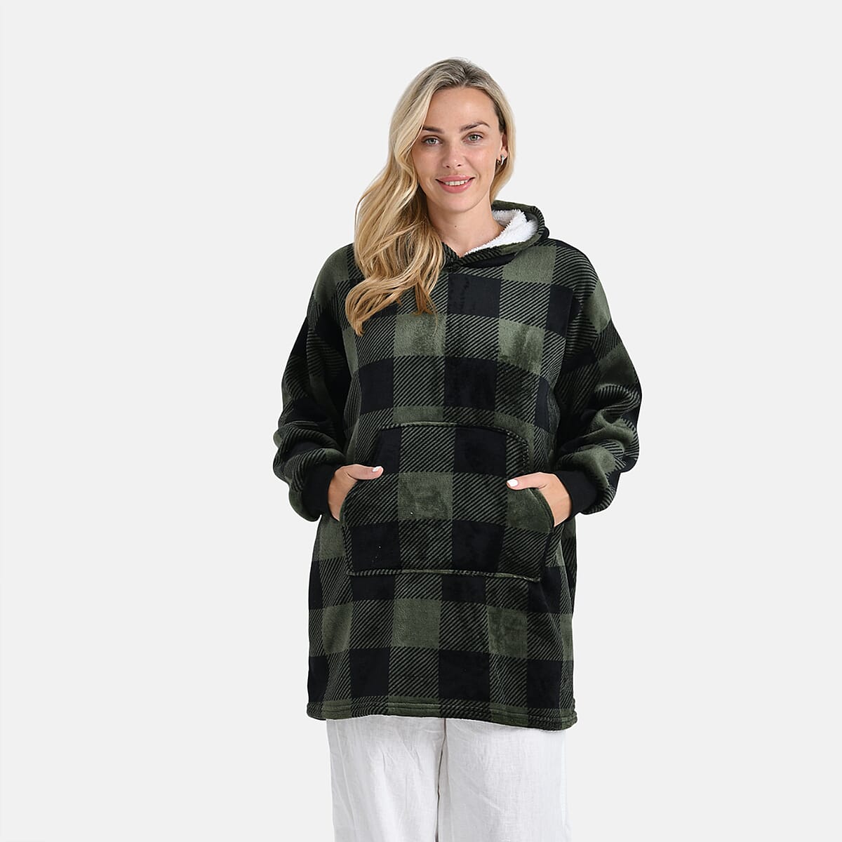 Tamsy Set of 2 Light Blue Solid and Green Plaid Pattern, Fleece Hoodie Sweater Blanket with Kangaroo Pocket image number 1