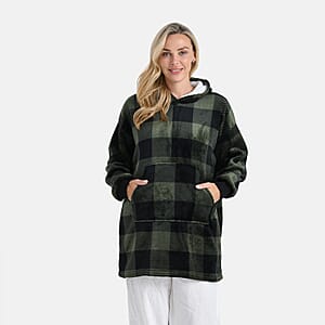 Tamsy Set of 2 Light Blue Solid and Green Plaid Pattern, Fleece Hoodie Sweater Blanket with Kangaroo Pocket