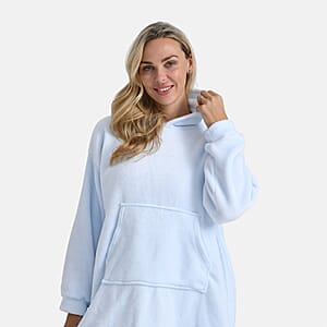 Tamsy Set of 2 Light Blue Solid and Green Plaid Pattern, Fleece Hoodie Sweater Blanket with Kangaroo Pocket