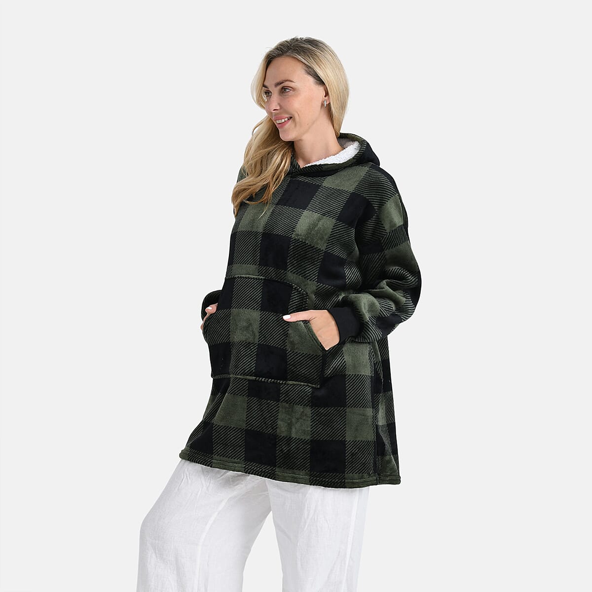 Tamsy Set of 2 Light Blue Solid and Green Plaid Pattern, Fleece Hoodie Sweater Blanket with Kangaroo Pocket image number 4