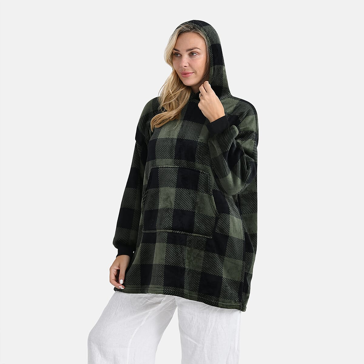 Tamsy Set of 2 Light Blue Solid and Green Plaid Pattern, Fleece Hoodie Sweater Blanket with Kangaroo Pocket image number 5