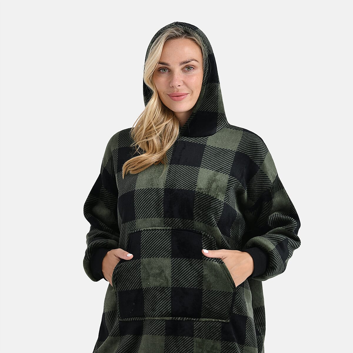 Tamsy Set of 2 Light Blue Solid and Green Plaid Pattern, Fleece Hoodie Sweater Blanket with Kangaroo Pocket image number 6