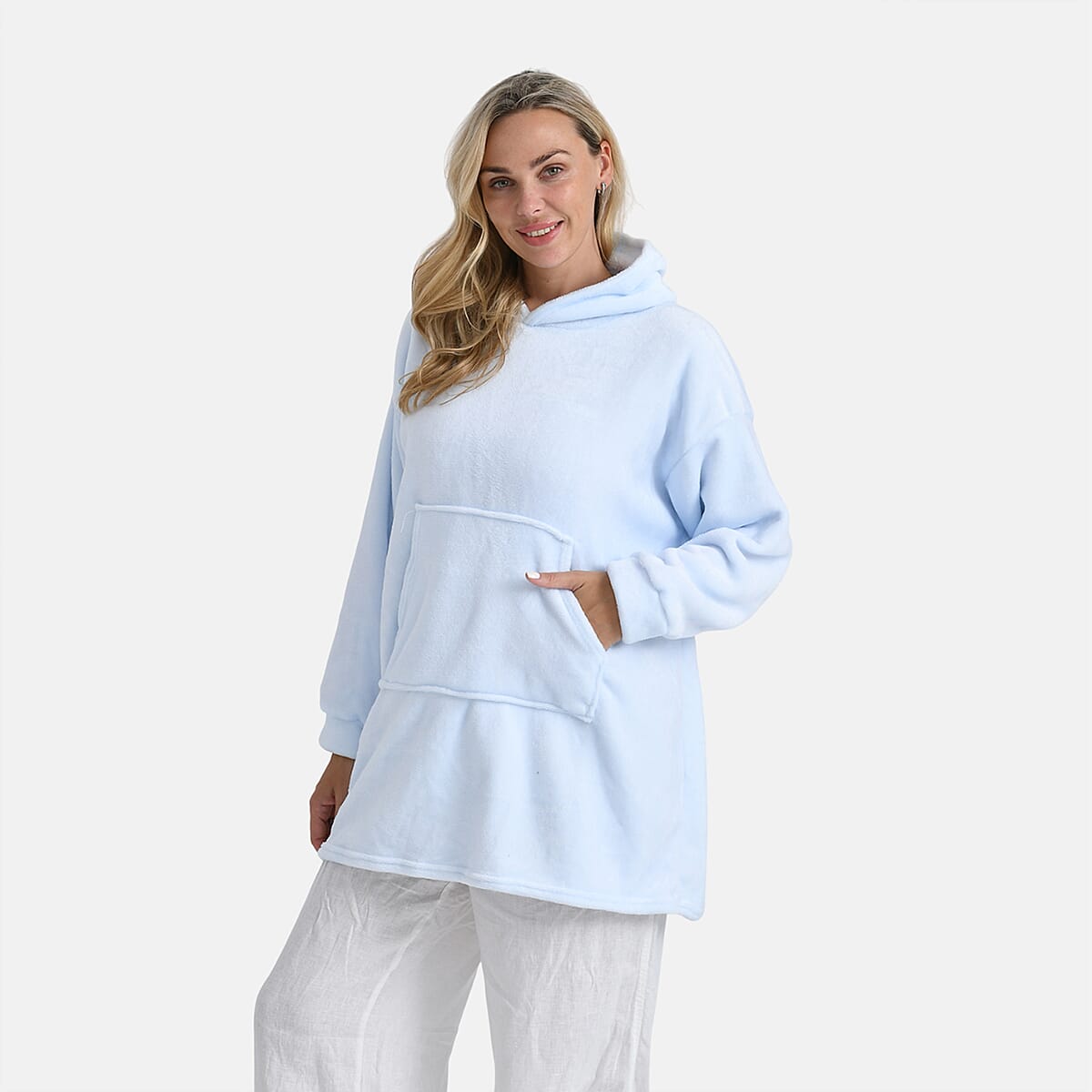 Tamsy Set of 2 Light Blue Solid and Green Plaid Pattern, Fleece Hoodie Sweater Blanket with Kangaroo Pocket image number 7