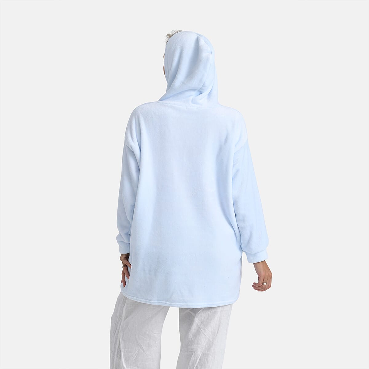 Tamsy Set of 2 Light Blue Solid and Green Plaid Pattern, Fleece Hoodie Sweater Blanket with Kangaroo Pocket image number 8