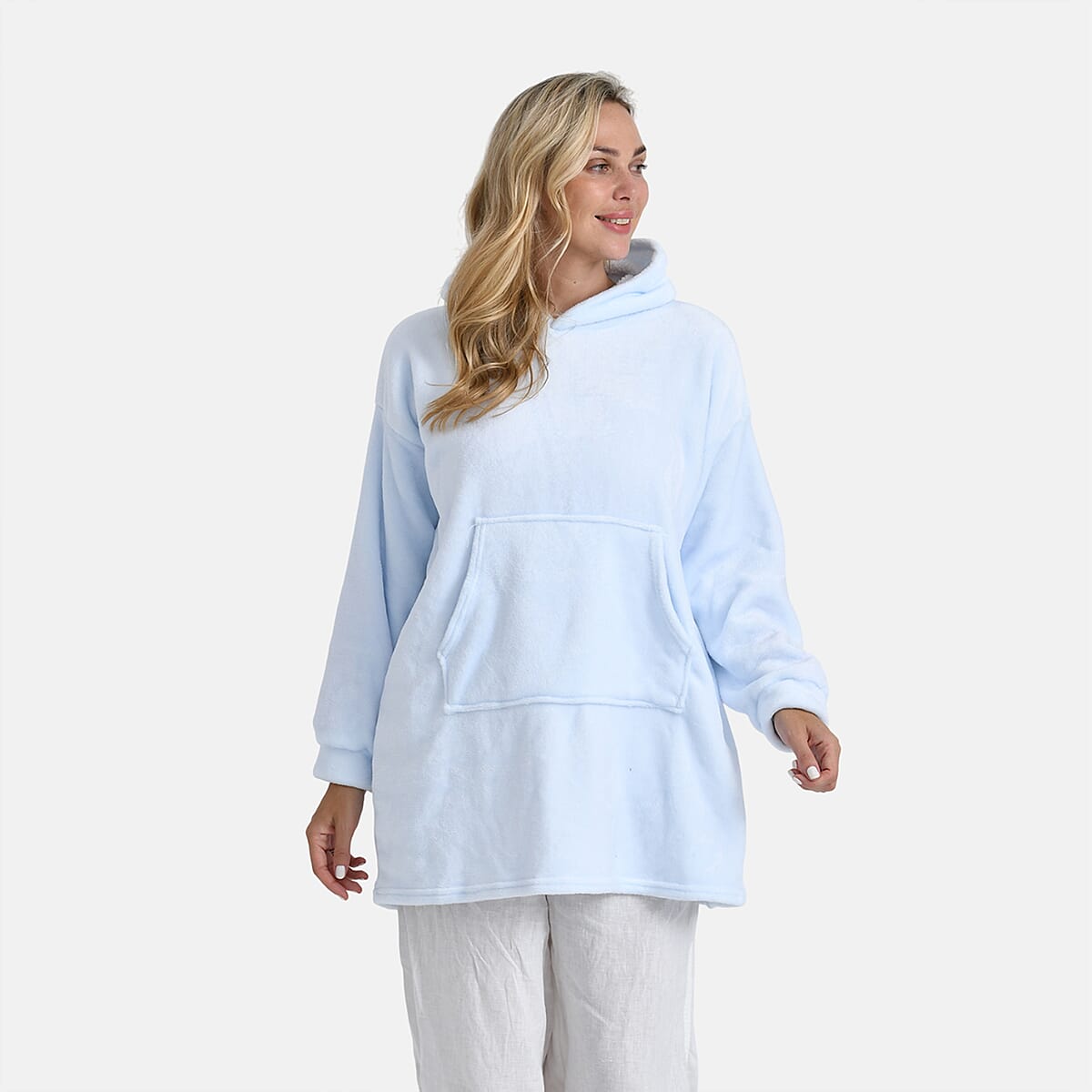 Tamsy Set of 2 Light Blue Solid and Green Plaid Pattern, Fleece Hoodie Sweater Blanket with Kangaroo Pocket image number 9