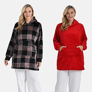 Tamsy Set of 2 Red Solid and Tan Plaid Pattern, Fleece Hoodie Sweater Blanket with Kangaroo Pocket