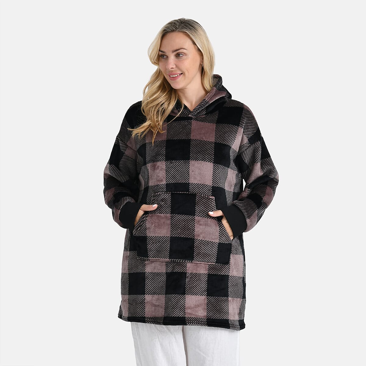Tamsy Set of 2 Red Solid and Tan Plaid Pattern, Fleece Hoodie Sweater Blanket with Kangaroo Pocket image number 1