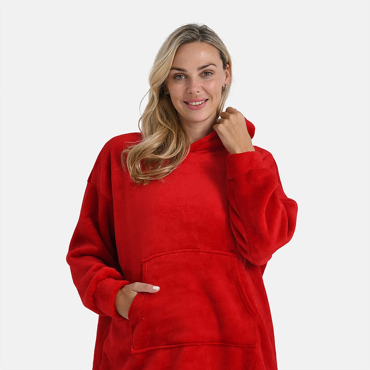 Tamsy Set of 2 Red Solid and Tan Plaid Pattern, Fleece Hoodie Sweater Blanket with Kangaroo Pocket image number 2