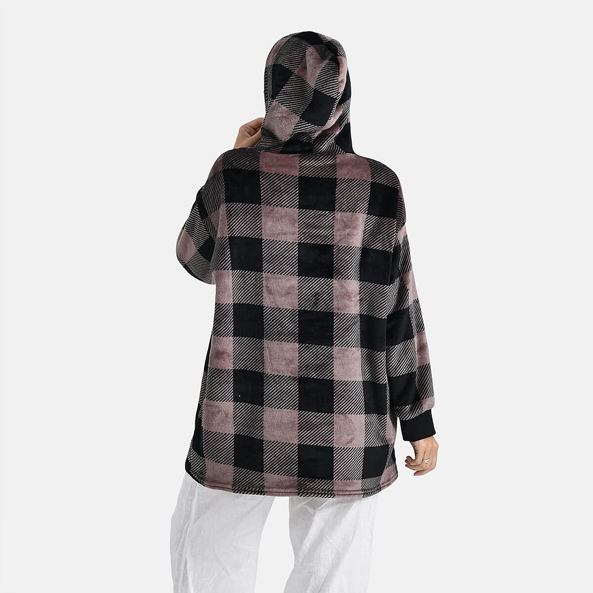 Tamsy Set of 2 Red Solid and Tan Plaid Pattern, Fleece Hoodie Sweater Blanket with Kangaroo Pocket image number 3