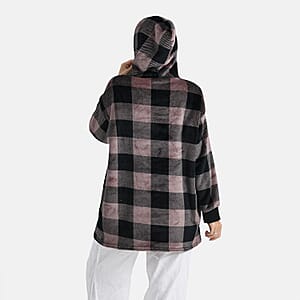 Tamsy Set of 2 Red Solid and Tan Plaid Pattern, Fleece Hoodie Sweater Blanket with Kangaroo Pocket