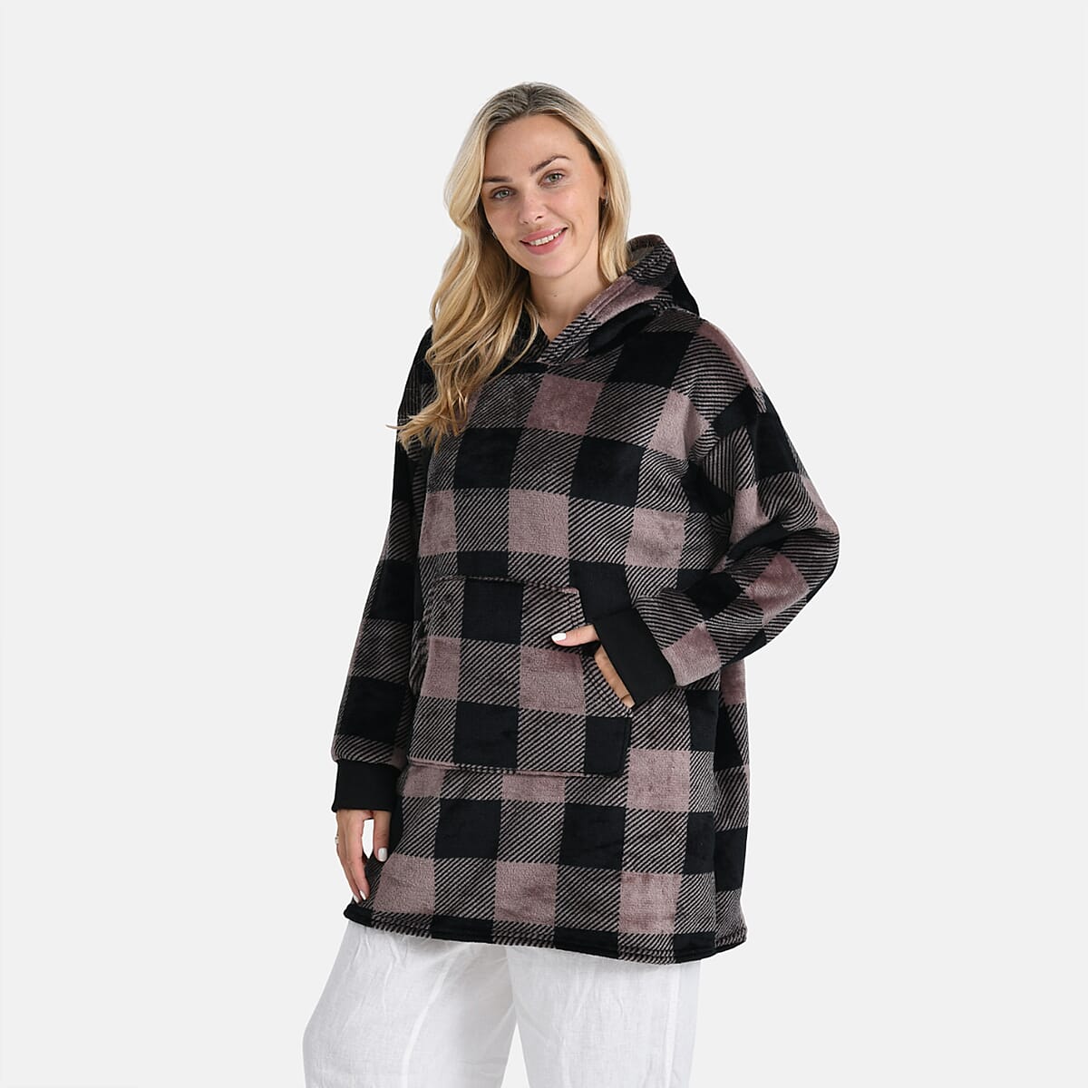 Tamsy Set of 2 Red Solid and Tan Plaid Pattern, Fleece Hoodie Sweater Blanket with Kangaroo Pocket image number 4