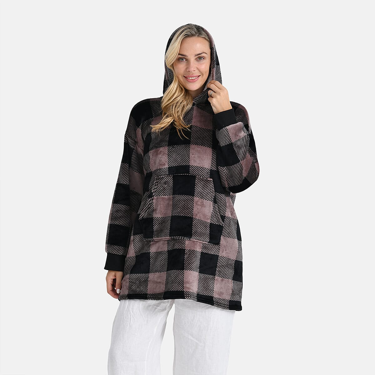 Tamsy Set of 2 Red Solid and Tan Plaid Pattern, Fleece Hoodie Sweater Blanket with Kangaroo Pocket image number 5
