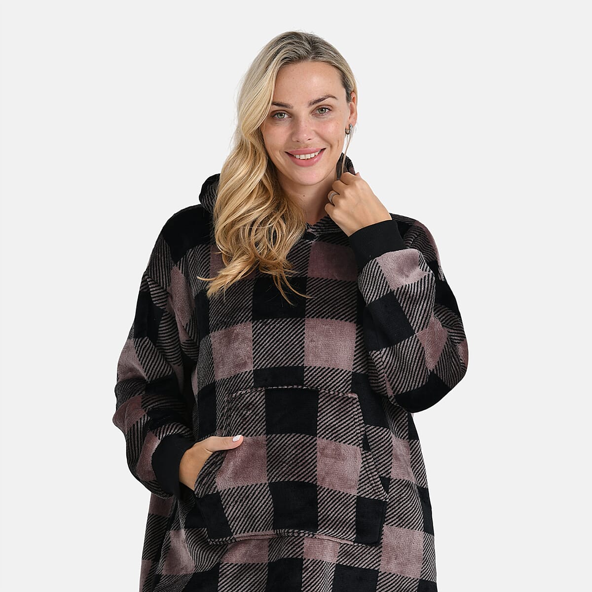 Tamsy Set of 2 Red Solid and Tan Plaid Pattern, Fleece Hoodie Sweater Blanket with Kangaroo Pocket image number 6