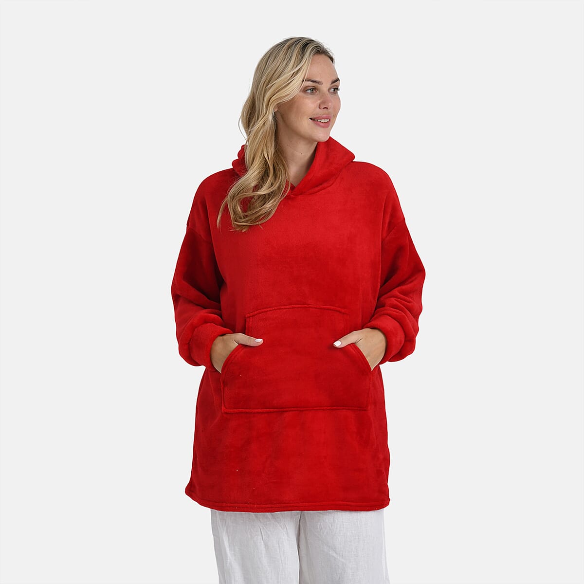 Tamsy Set of 2 Red Solid and Tan Plaid Pattern, Fleece Hoodie Sweater Blanket with Kangaroo Pocket image number 7