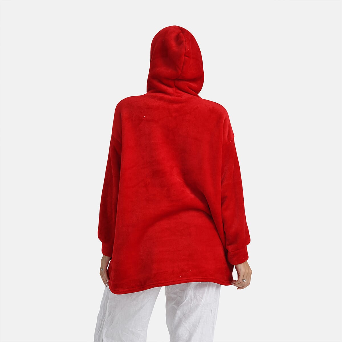 Tamsy Set of 2 Red Solid and Tan Plaid Pattern, Fleece Hoodie Sweater Blanket with Kangaroo Pocket image number 8