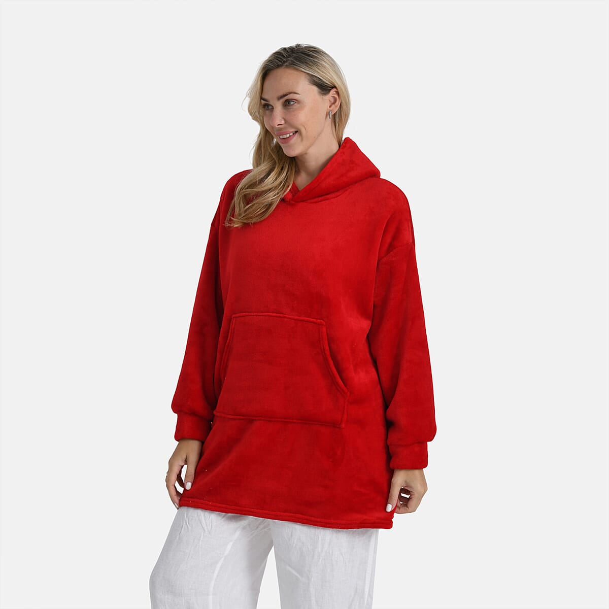 Tamsy Set of 2 Red Solid and Tan Plaid Pattern, Fleece Hoodie Sweater Blanket with Kangaroo Pocket image number 9