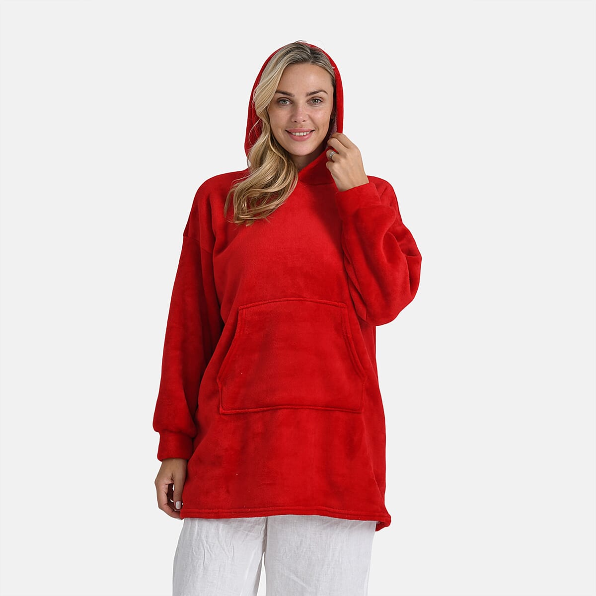 Tamsy Set of 2 Red Solid and Tan Plaid Pattern, Fleece Hoodie Sweater Blanket with Kangaroo Pocket image number 10