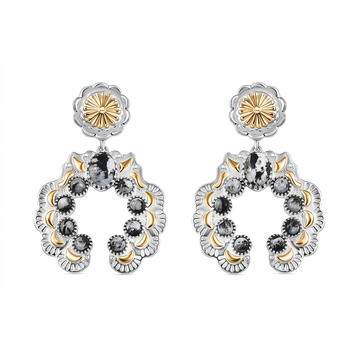D'Joy Artisan Crafted White Buffalo 3.90 ctw Native American Concho Earrings in 18K YG and Rhodium Over Sterling Silver image number 0