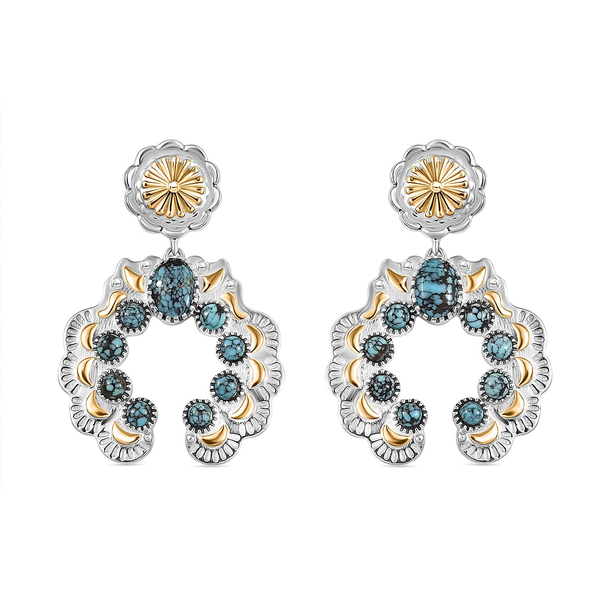 D'Joy Artisan Crafted Blue Moon Turquoise 3.50 ctw Native American Concho Earrings in 18K YG and Rhodium Over Sterling Silver image number 0