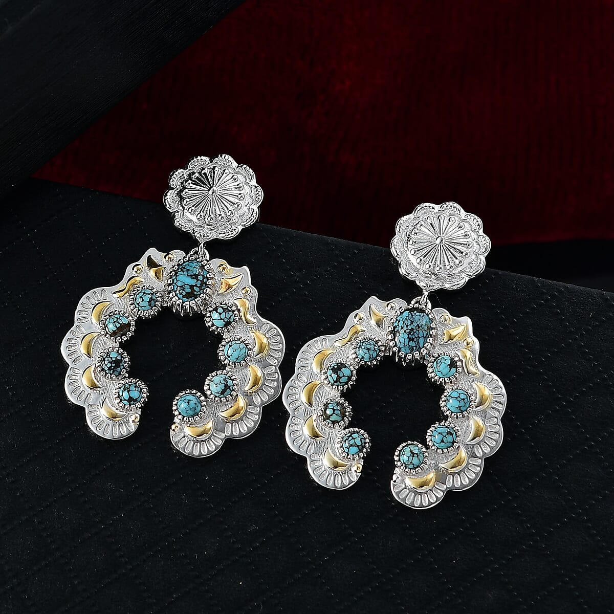D'Joy Artisan Crafted Blue Moon Turquoise 3.50 ctw Native American Concho Earrings in 18K YG and Rhodium Over Sterling Silver image number 1
