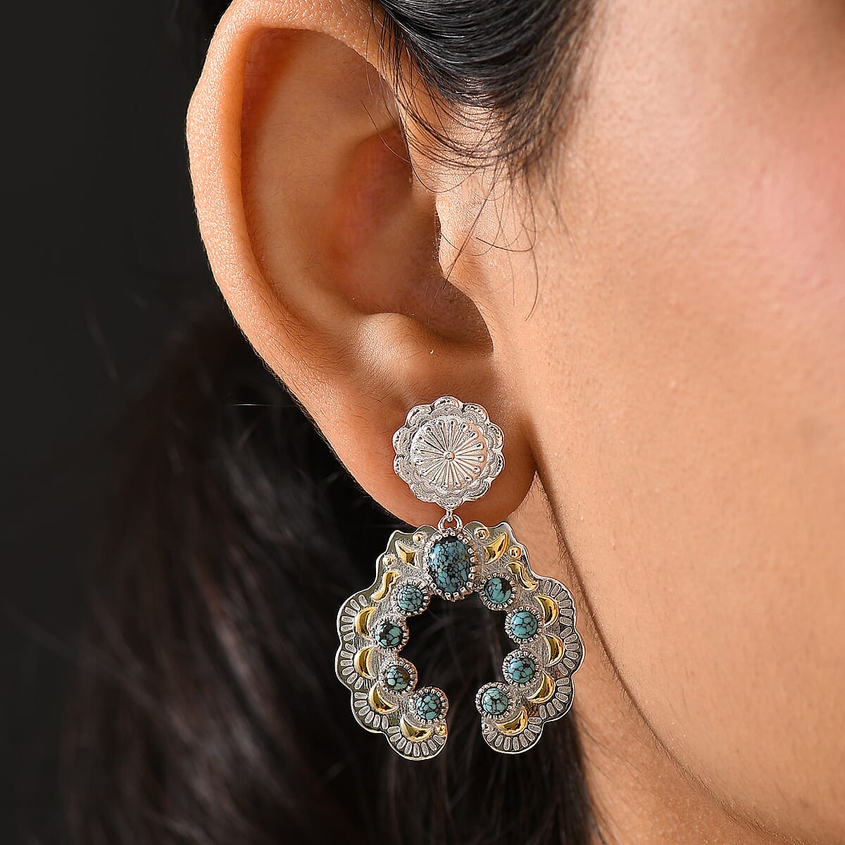 D'Joy Artisan Crafted Blue Moon Turquoise 3.50 ctw Native American Concho Earrings in 18K YG and Rhodium Over Sterling Silver image number 2