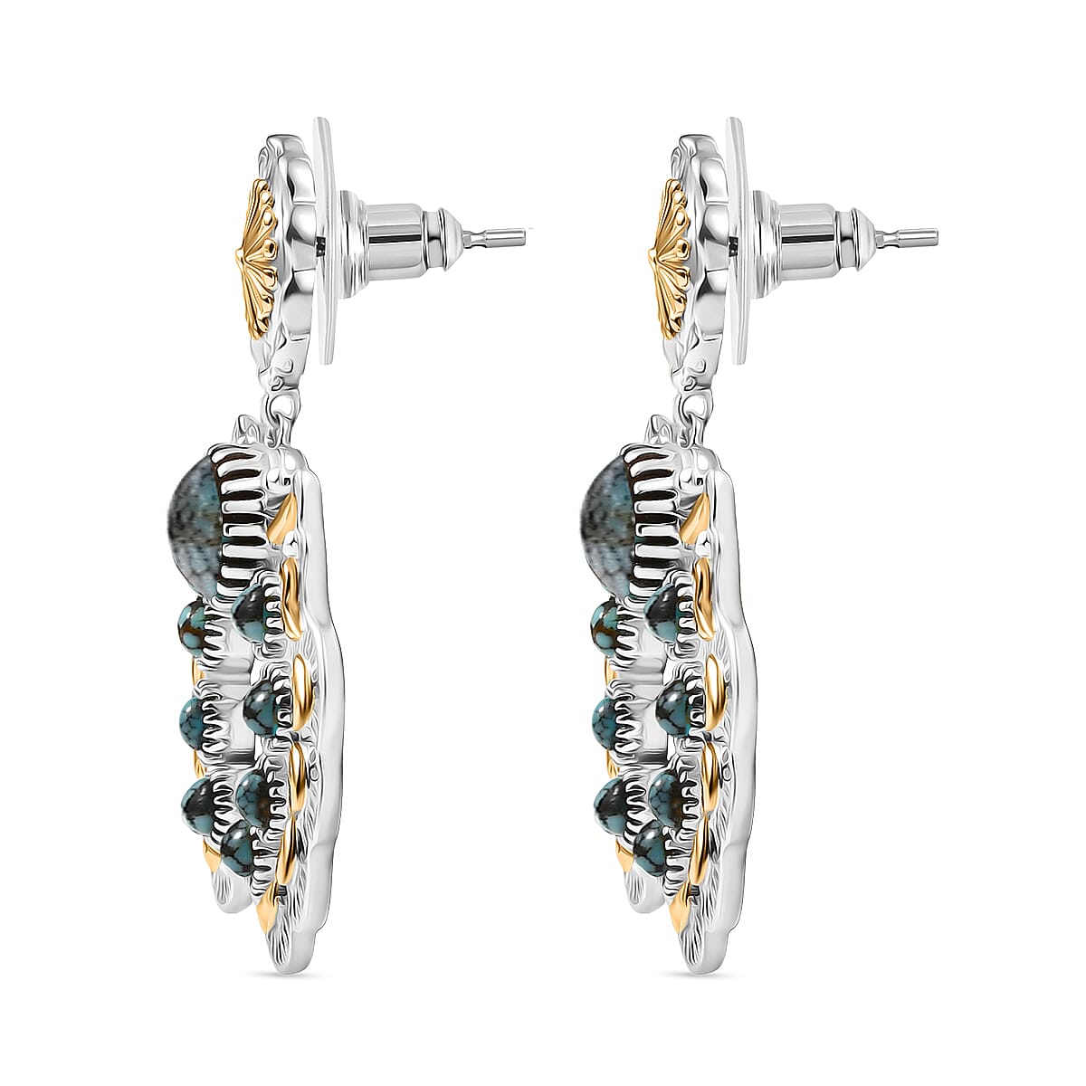 D'Joy Artisan Crafted Blue Moon Turquoise 3.50 ctw Native American Concho Earrings in 18K YG and Rhodium Over Sterling Silver