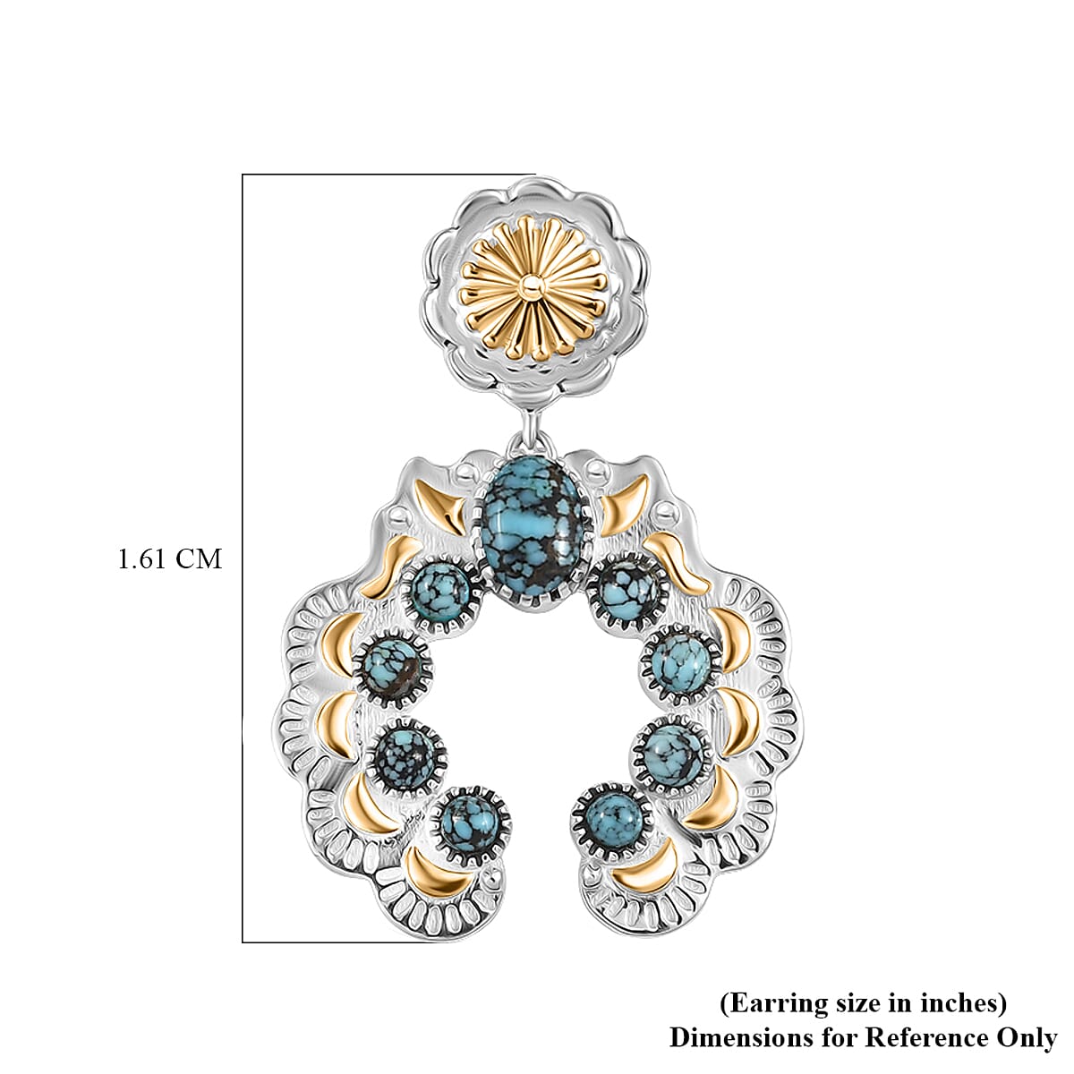 D'Joy Artisan Crafted Blue Moon Turquoise 3.50 ctw Native American Concho Earrings in 18K YG and Rhodium Over Sterling Silver