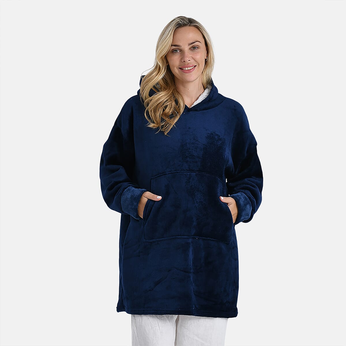 Tamsy Navy Fleece Hoodie Sweater Blanket with Kangaroo Pocket - One Size Fits Most image number 2