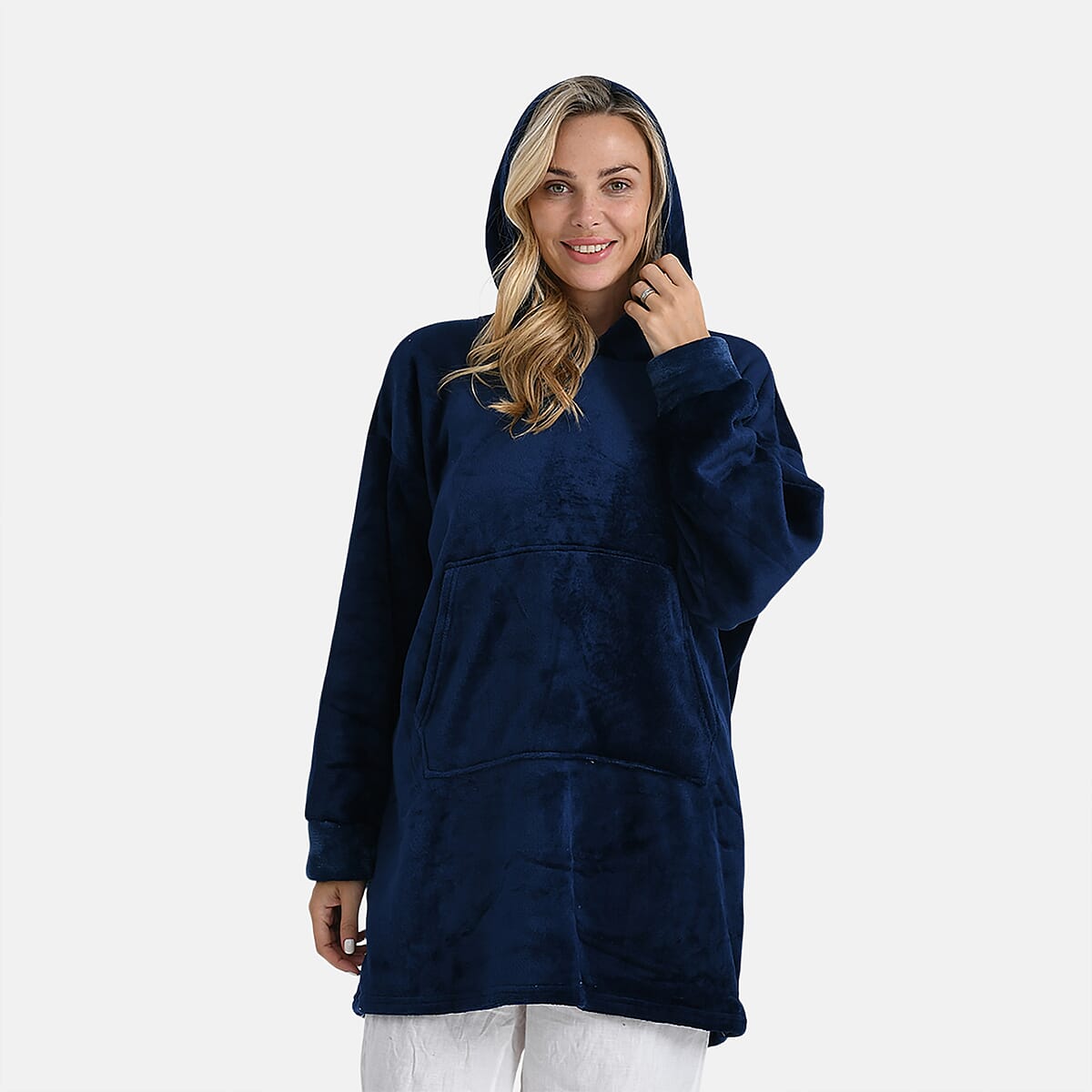 Tamsy Navy Fleece Hoodie Sweater Blanket with Kangaroo Pocket - One Size Fits Most image number 4