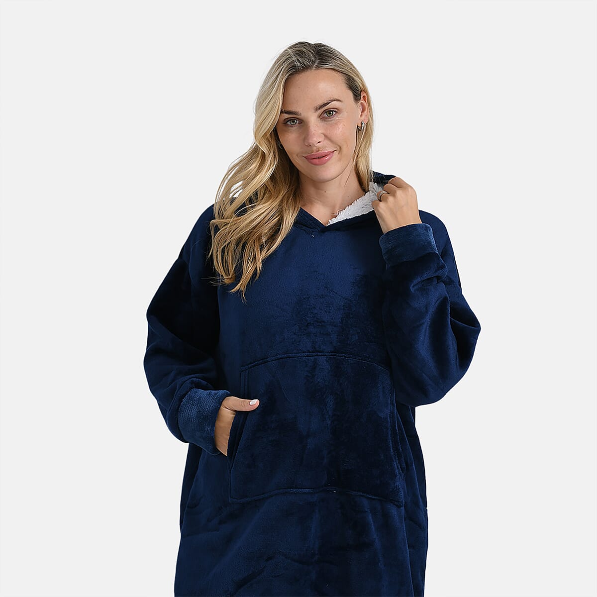 Tamsy Navy Fleece Hoodie Sweater Blanket with Kangaroo Pocket - One Size Fits Most image number 5