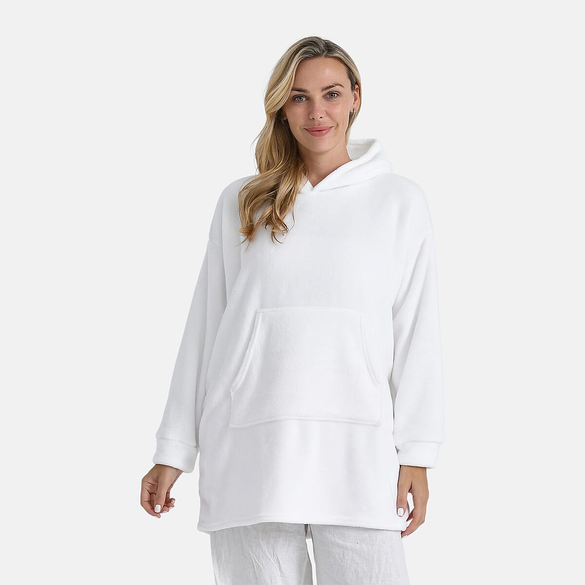 Tamsy White Fleece Hoodie Sweater Blanket with Kangaroo Pocket - One Size Fits Most image number 0