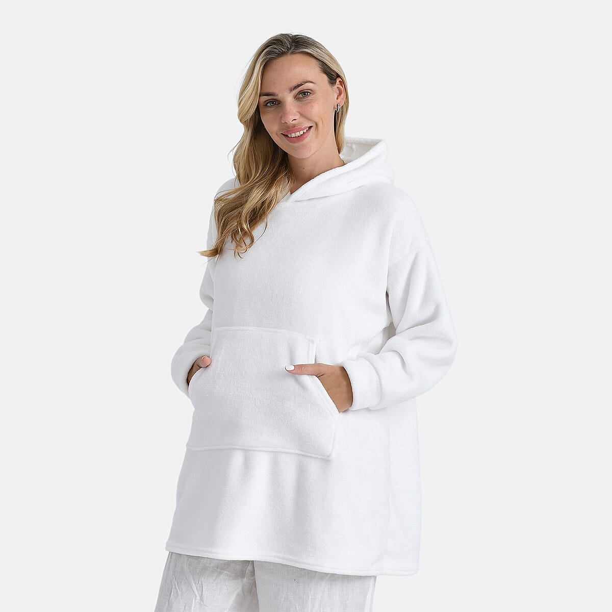 Tamsy White Fleece Hoodie Sweater Blanket with Kangaroo Pocket - One Size Fits Most image number 2