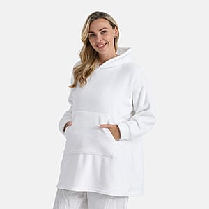 Tamsy White Fleece Hoodie Sweater Blanket with Kangaroo Pocket - One Size Fits Most
