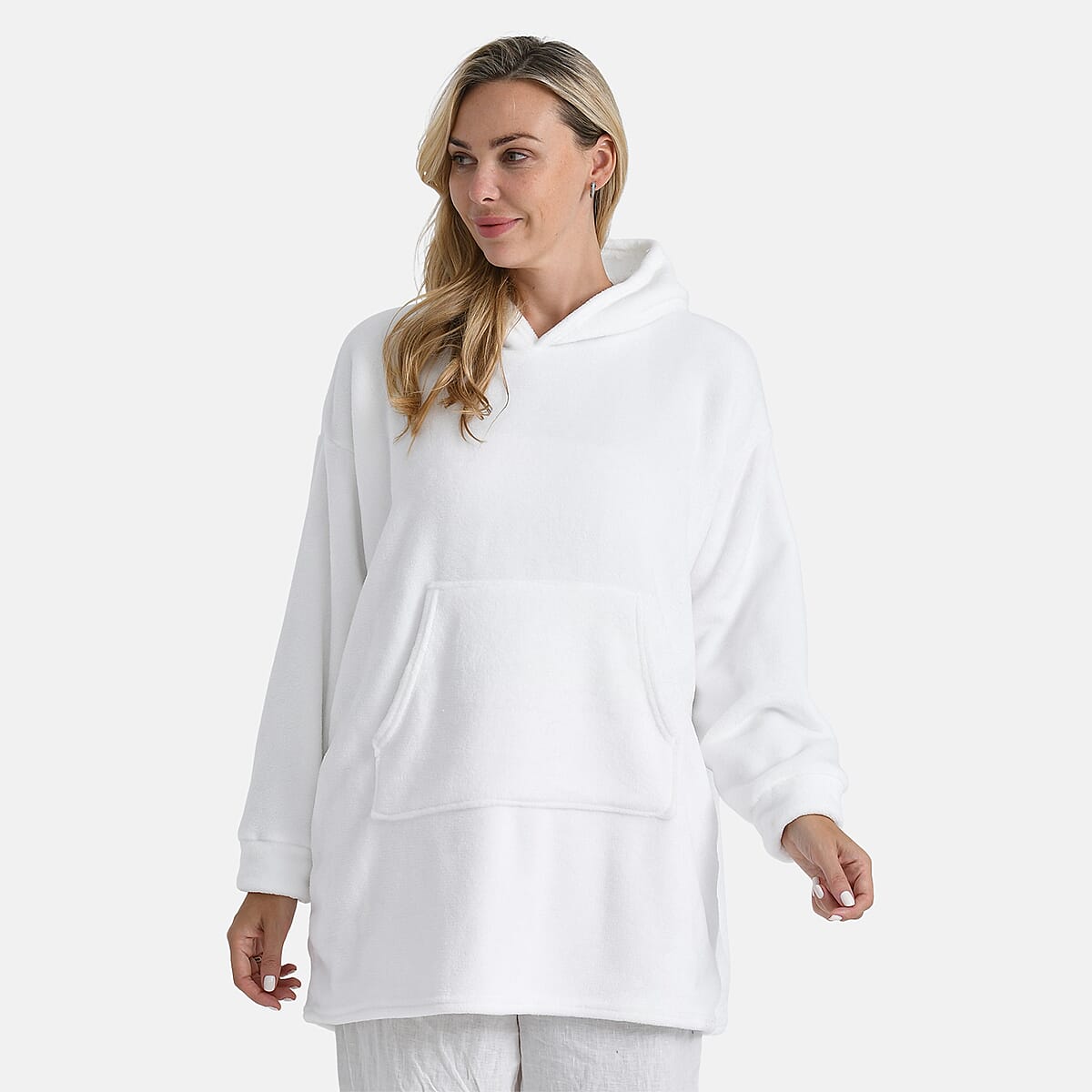 Tamsy White Fleece Hoodie Sweater Blanket with Kangaroo Pocket - One Size Fits Most image number 3
