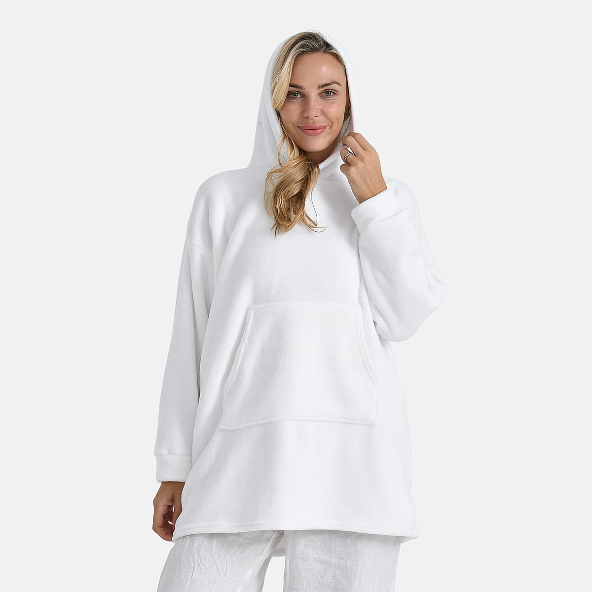 Tamsy White Fleece Hoodie Sweater Blanket with Kangaroo Pocket - One Size Fits Most image number 4