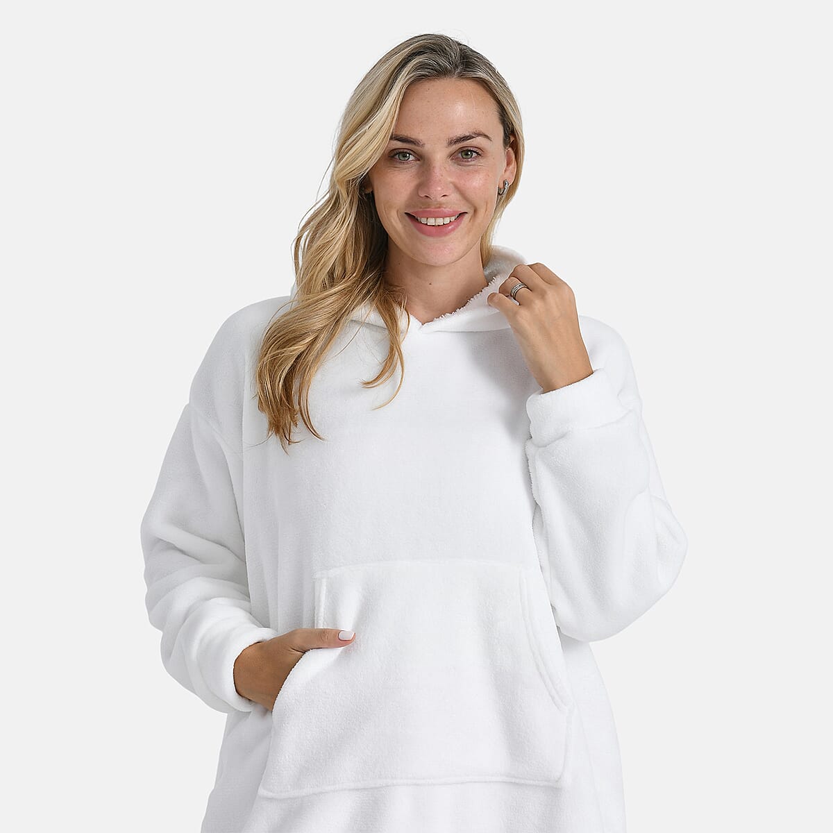 Tamsy White Fleece Hoodie Sweater Blanket with Kangaroo Pocket - One Size Fits Most image number 5