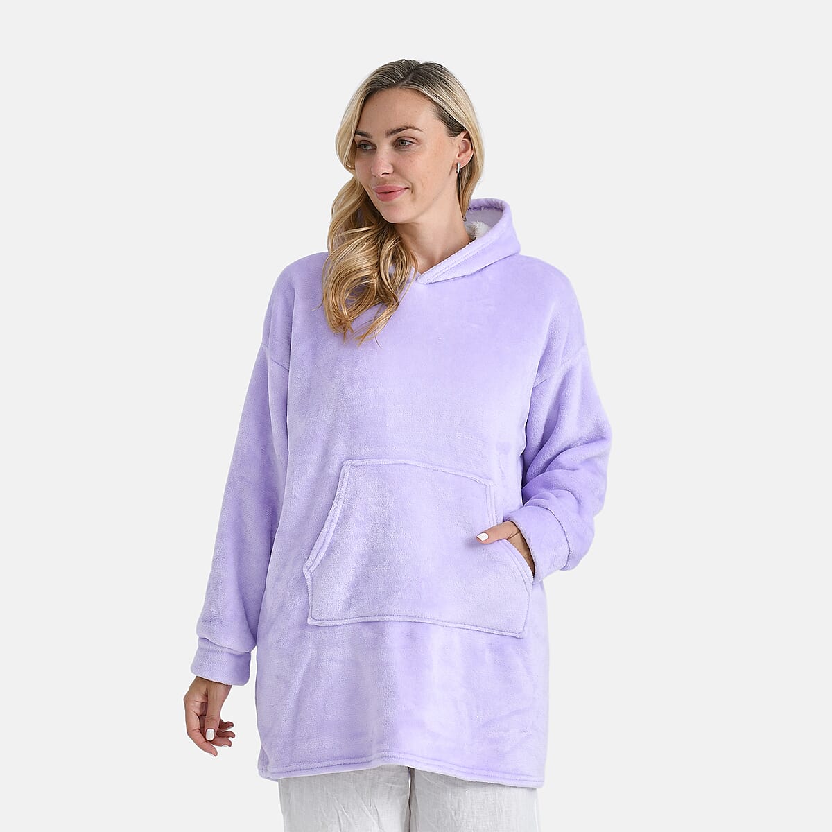 Tamsy Lilac Fleece Hoodie Sweater Blanket with Kangaroo Pocket - One Size Fits Most image number 2