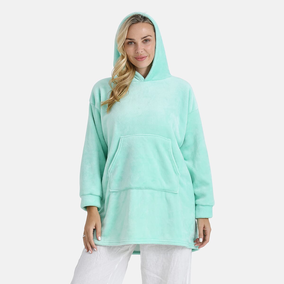 Tamsy Seafoam Fleece Hoodie Sweater Blanket with Kangaroo Pocket - One Size Fits Most image number 4