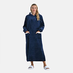 Tamsy Navy Long Fleece Hoodie Sweater Blanket with 2 Front Pockets