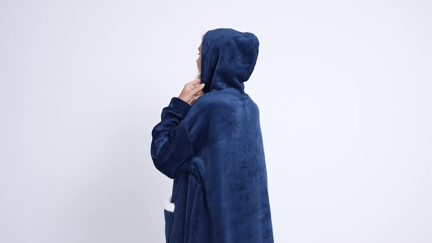 Tamsy Navy Long Fleece Hoodie Sweater Blanket with 2 Front Pockets (49.21"x28.3")