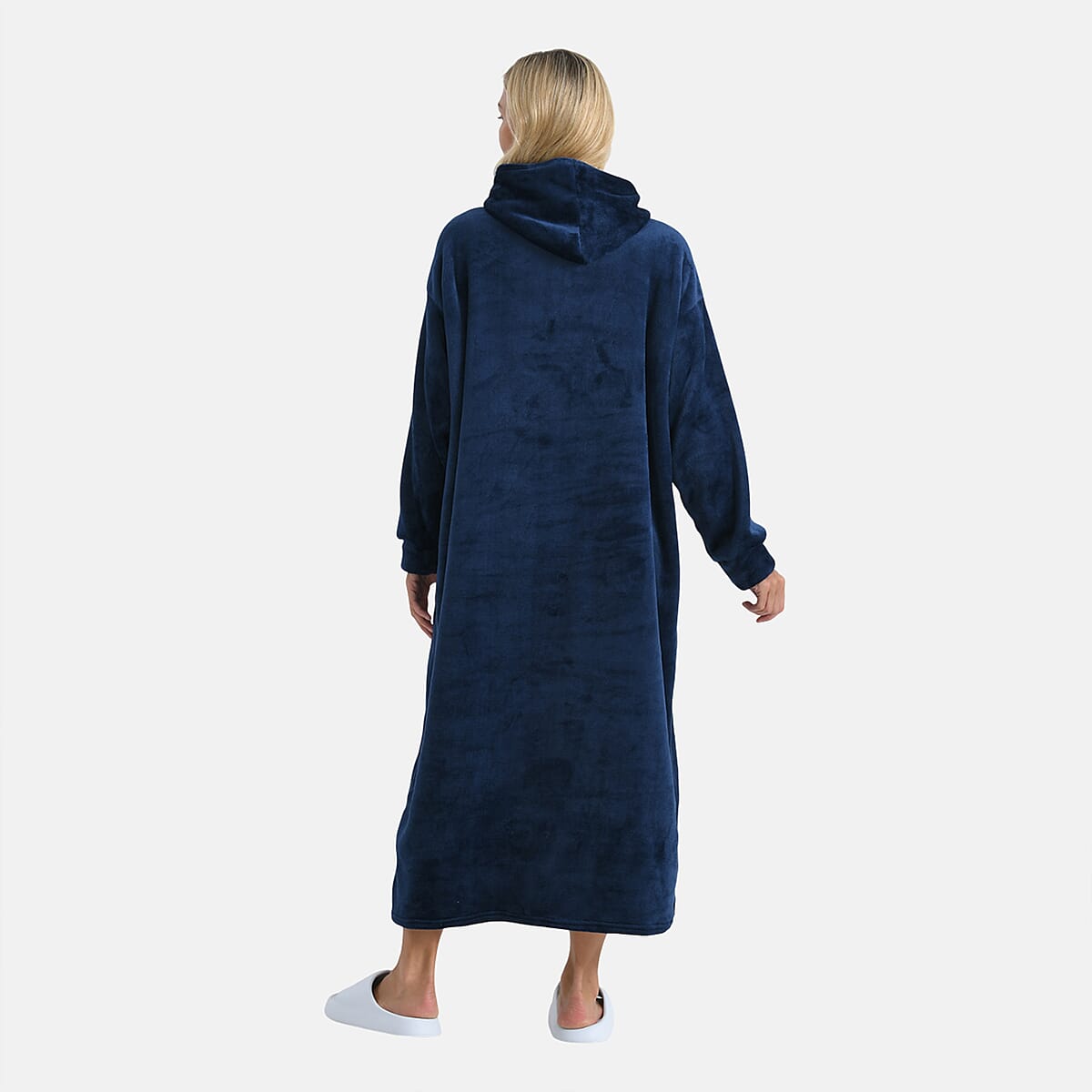 Tamsy Navy Long Fleece Hoodie Sweater Blanket with 2 Front Pockets image number 1
