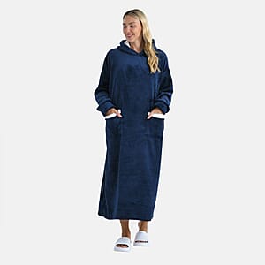 Tamsy Navy Long Fleece Hoodie Sweater Blanket with 2 Front Pockets