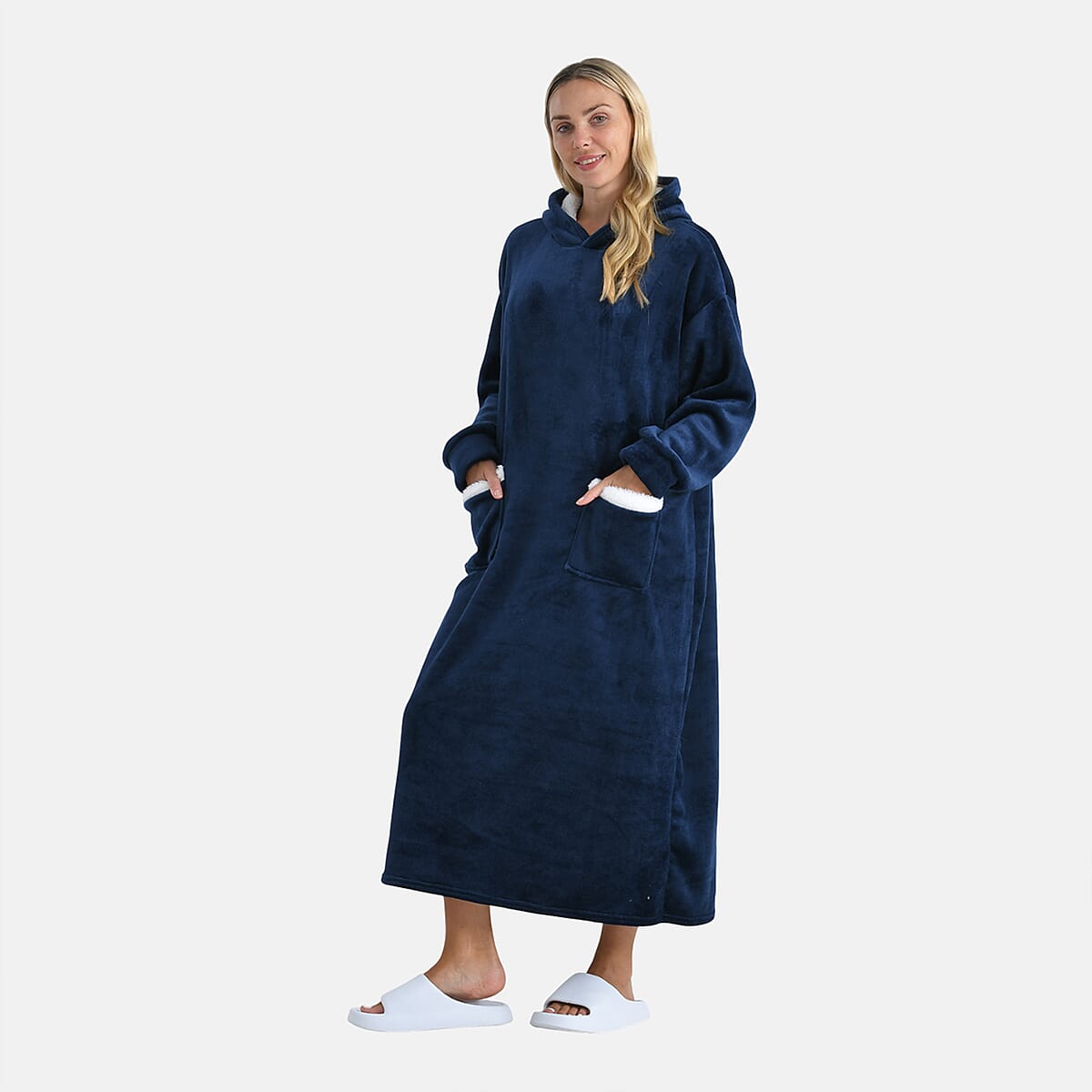 Tamsy Navy Long Fleece Hoodie Sweater Blanket with 2 Front Pockets image number 3