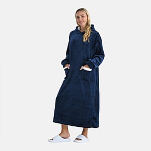 Tamsy Navy Long Fleece Hoodie Sweater Blanket with 2 Front Pockets