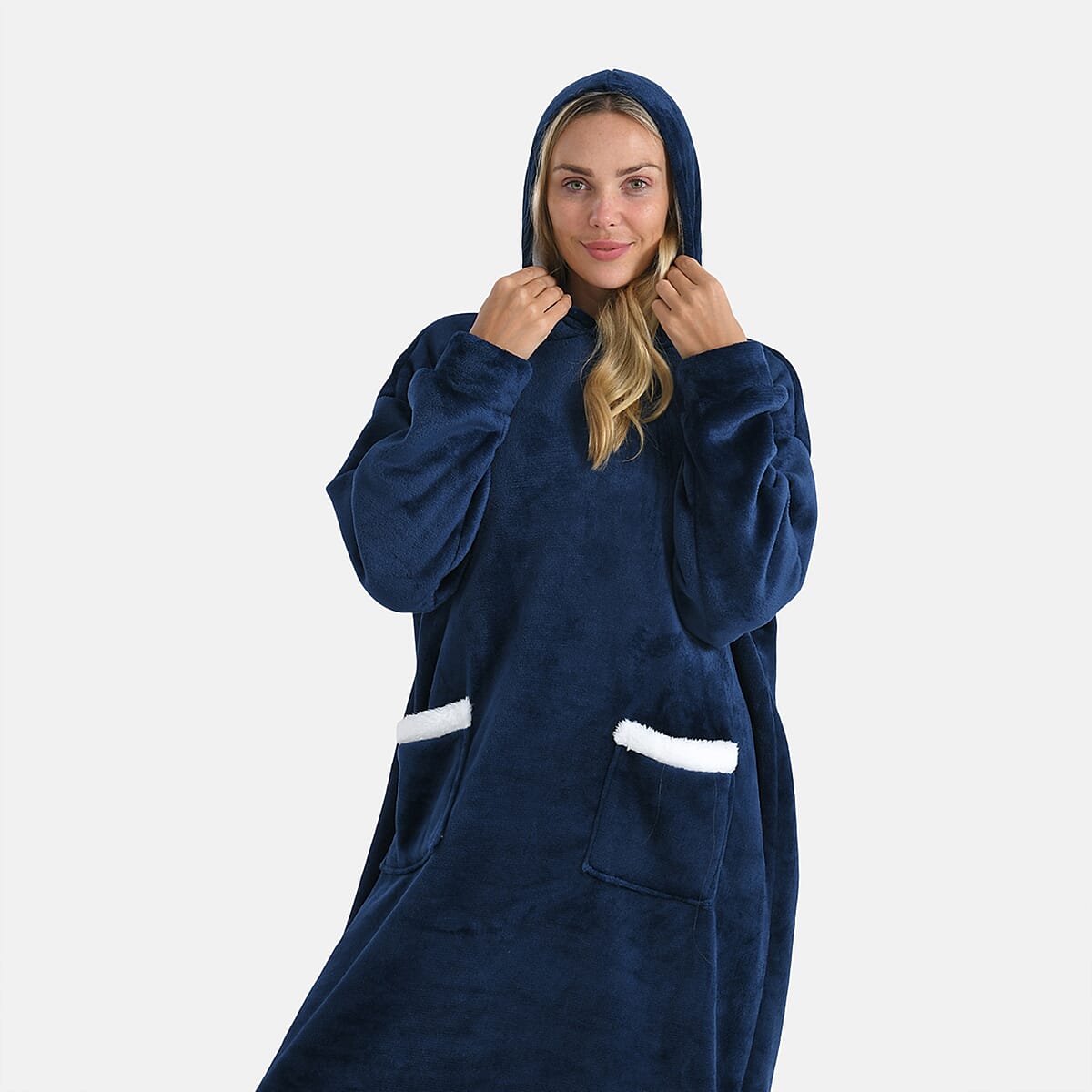 Tamsy Navy Long Fleece Hoodie Sweater Blanket with 2 Front Pockets image number 4